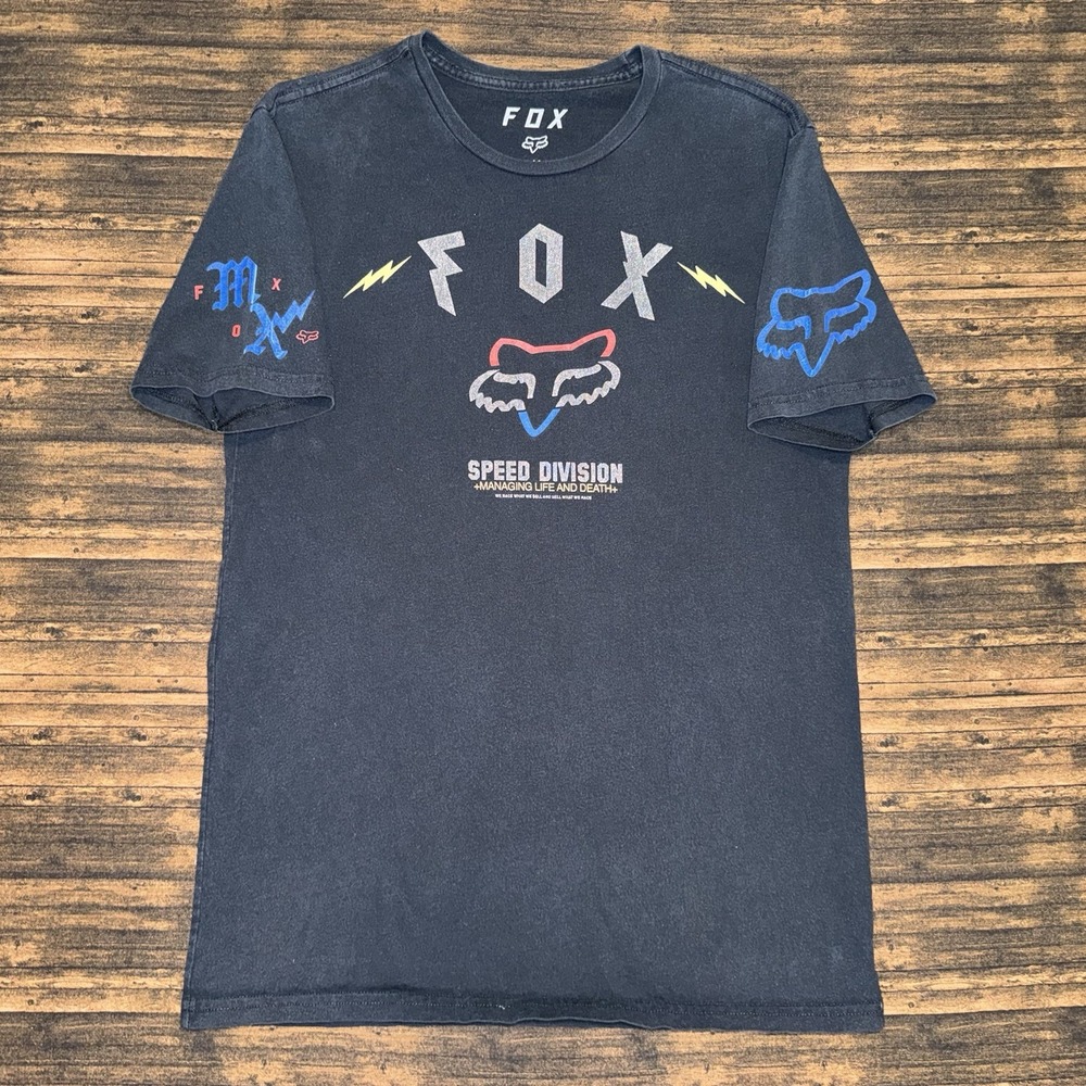 Fox Racing Speed Division Black Graphic T Shirt Men's M Lightning Bolts Arm Logo